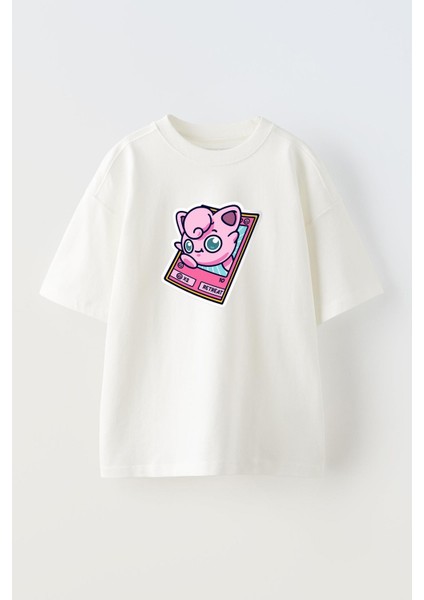 Unisex Beyaz Oversize Pamuk Powerpuff Pokemon Baskılı Örme T-Shirt
