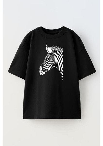 Unisex Siyah Oversize Pamuk Zebra Desen Çizim Baskılı Örme T-Shirt