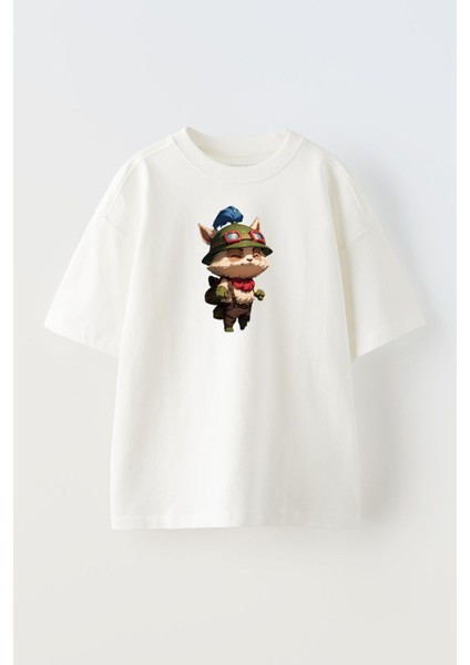 Unisex Beyaz Oversize Pamuk Tek Bilek Dumbell Baskılı Örme T-Shirt