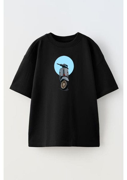 Unisex Siyah Oversize Pamuk Gökyüzü Scooter Baskılı Örme T-Shirt