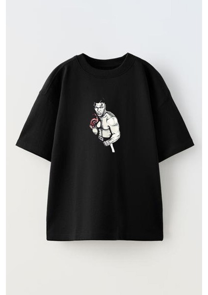 Unisex Siyah Oversize Pamuk Mike Tyson Gölge Baskılı Örme T-Shirt