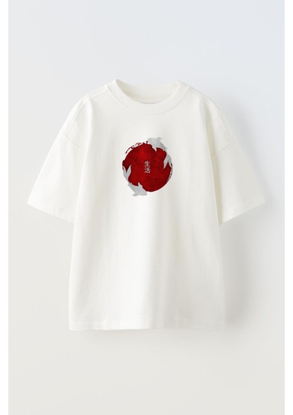 Unisex Beyaz Oversize Pamuk Japon Balina Dünya Baskılı Örme T-Shirt