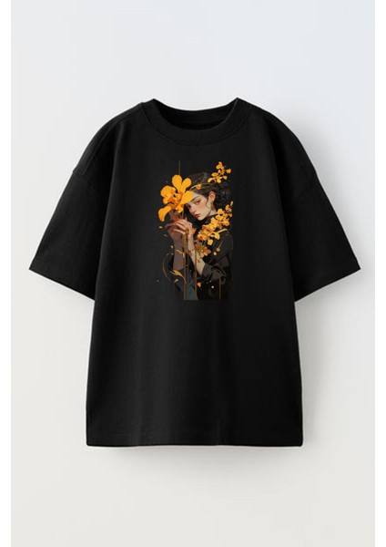 Unisex Siyah Oversize Pamuk Turuncu Yapraklı Çiçek Kadın Baskılı Örme T-Shirt