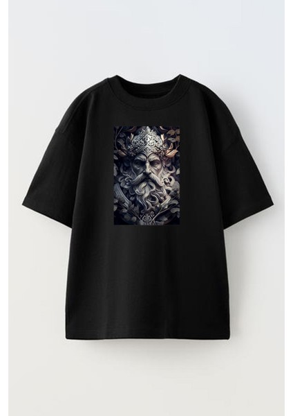 Unisex Siyah Oversize Pamuk Zeus Baskılı Örme T-Shirt