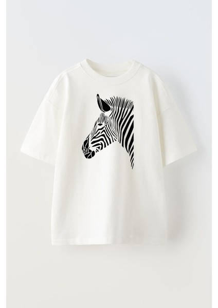 Unisex Beyaz Oversize Pamuk Zebra Desen Çizim Baskılı Örme T-Shirt