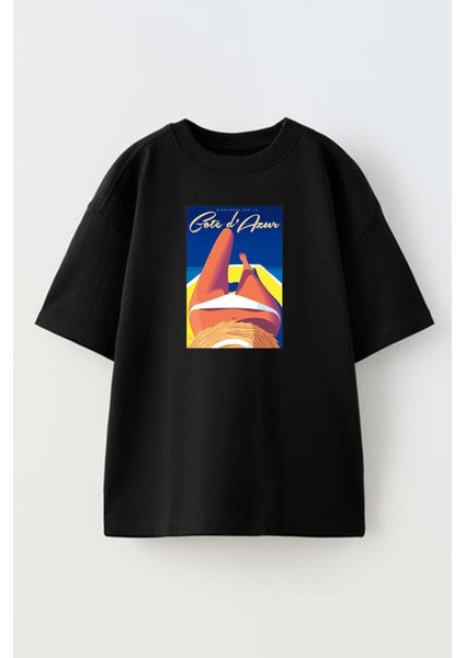 Unisex Siyah Oversize Pamuk Gate Di Azur Deniz Baskılı Örme T-Shirt