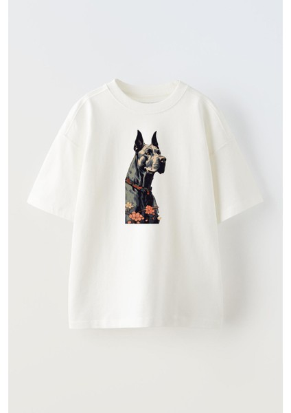 Unisex Beyaz Oversize Pamuk Çiçekli Tasmalı Doberman Baskılı Örme T-Shirt