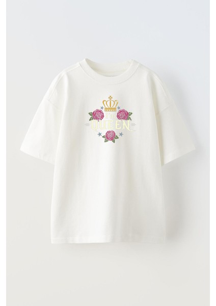 Unisex Beyaz Oversize Pamuk Iam Quenn Gül Taç Baskılı Örme T-Shirt