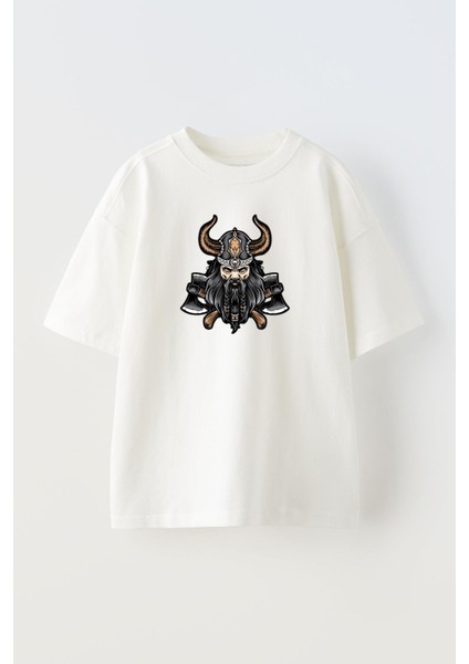 Unisex Beyaz Oversize Pamuk Uzun Sakallı Viking Baskılı Örme T-Shirt