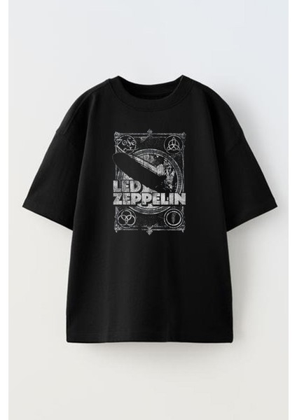 Unisex Siyah Oversize Pamuk Led Zeppelin Baskılı Örme T-Shirt