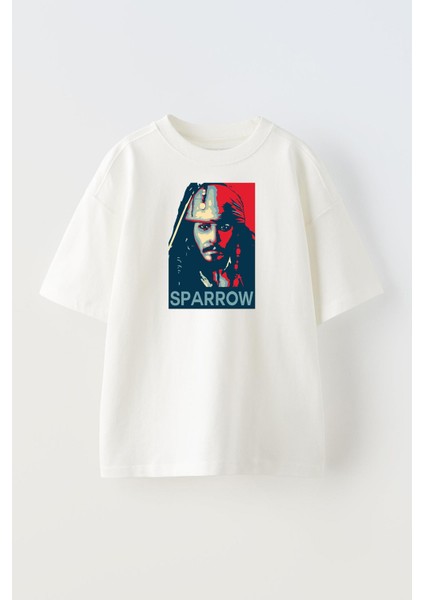 Unisex Beyaz Oversize Pamuk Sparrow Silik Çizim Baskılı Örme T-Shirt