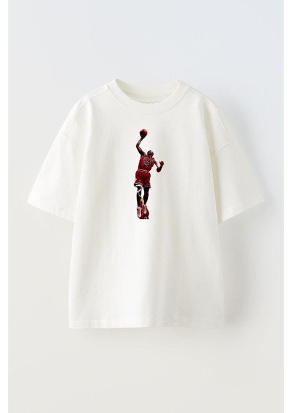 Unisex Beyaz Oversize Pamuk Basketbolcu Adam Smaç Baskılı Örme T-Shirt