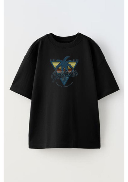 Unisex Siyah Oversize Pamuk California Süperman Baskılı Örme T-Shirt