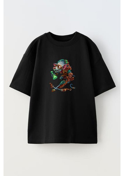 Unisex Siyah Oversize Pamuk Twitch Lol Baskılı Örme T-Shirt