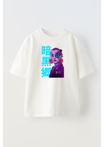 Unisex Beyaz Oversize Pamuk Japon Korsan Kadın Baskılı Örme T-Shirt