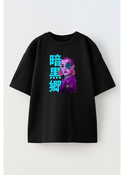 Unisex Siyah Oversize Pamuk Japon Korsan Kadın Baskılı Örme T-Shirt