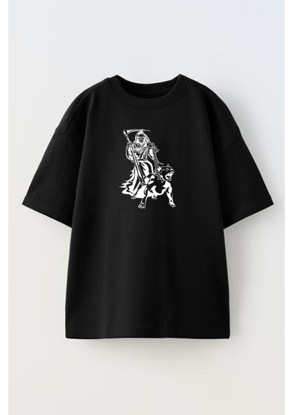 Unisex Siyah Oversize Pamuk Pitbull Cellat Kurukafa Baskılı Örme T-Shirt