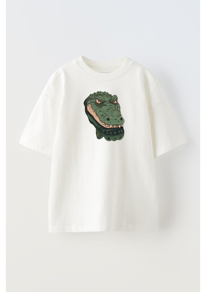 Unisex Beyaz Oversize Pamuk Timsah Gölge Su Baskılı Örme T-Shirt