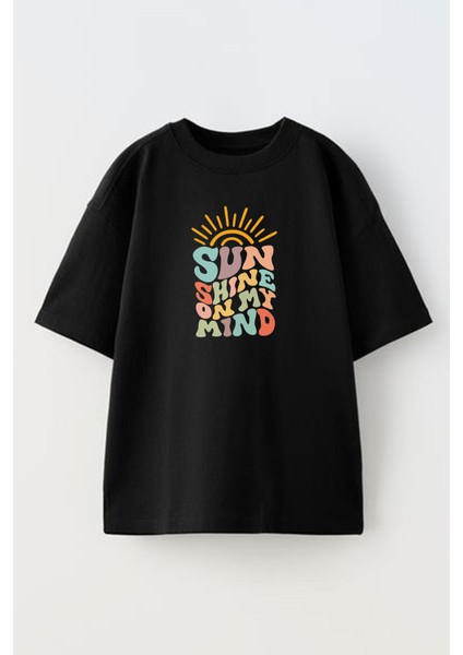 Unisex Siyah Oversize Pamuk Sun Shine Yazı Baskılı Örme T-Shirt