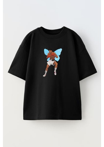 Unisex Siyah Oversize Pamuk Kelebek Muhammed Ali Boks Baskılı Örme T-Shirt