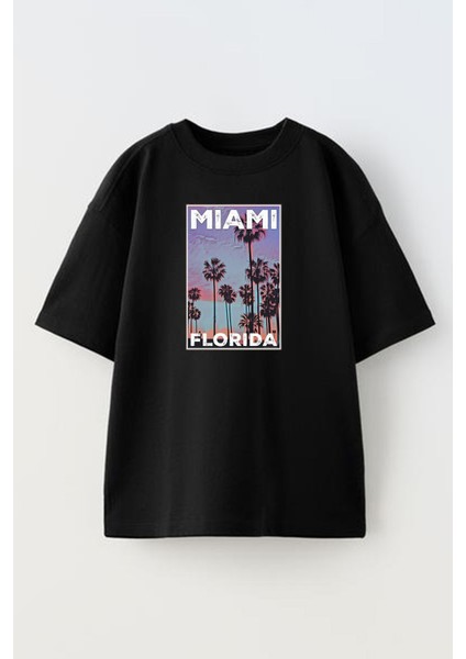 Unisex Siyah Oversize Pamuk Miami Sunset Baskılı Örme T-Shirt