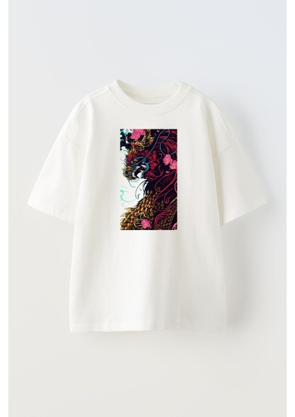 Unisex Beyaz Oversize Pamuk Karmaşık Desen Yosun Çiçek Baskılı Örme T-Shirt
