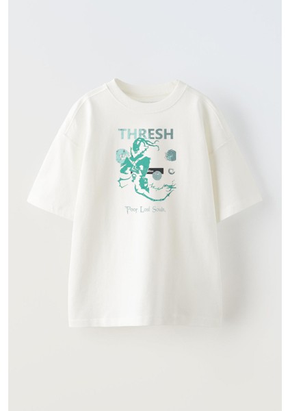 Unisex Beyaz Oversize Pamuk Thresh Lol Baskılı Örme T-Shirt