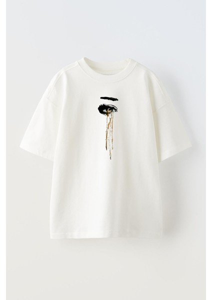 Unisex Beyaz Oversize Pamuk Gözden Akan Kum Baskılı Örme T-Shirt