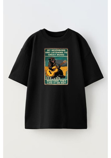 Unisex Siyah Oversize Pamuk Siyah Gitar Çalan Kedi Baskılı Örme T-Shirt