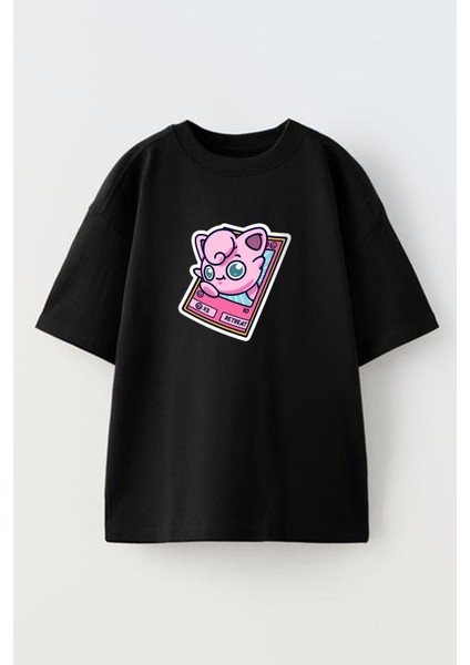 Unisex Siyah Oversize Pamuk Powerpuff Pokemon Baskılı Örme T-Shirt