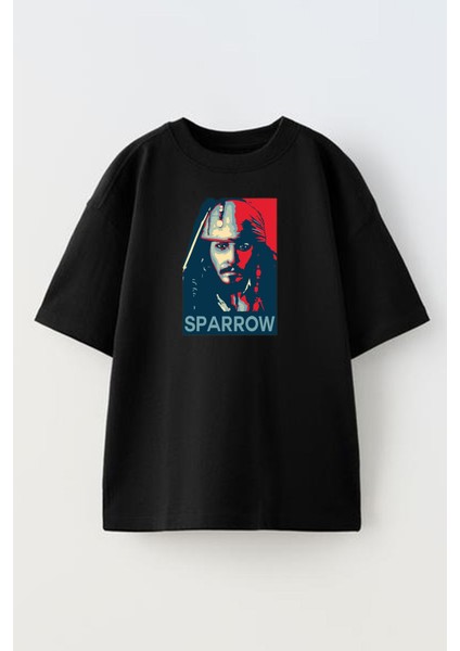 Unisex Siyah Oversize Pamuk Sparrow Silik Çizim Baskılı Örme T-Shirt