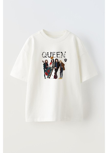 Unisex Beyaz Oversize Pamuk Queen Grup Poster Baskılı Örme T-Shirt