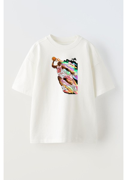 Unisex Beyaz Oversize Pamuk Smaç Atan Basketbolcu Baskılı Örme T-Shirt