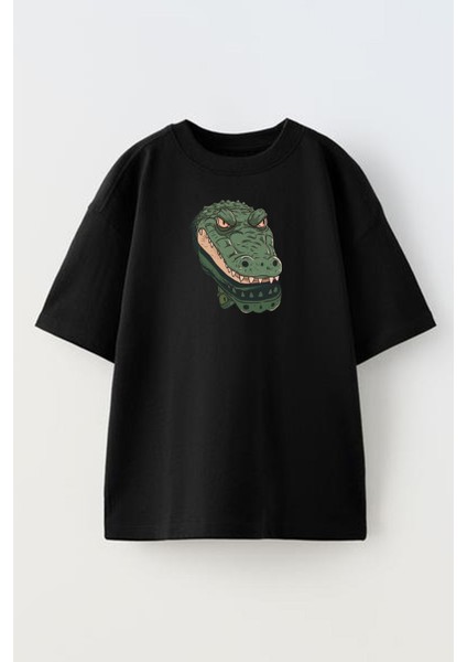 Unisex Siyah Oversize Pamuk Timsah Gölge Su Baskılı Örme T-Shirt