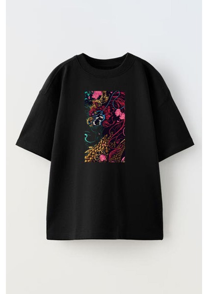 Unisex Siyah Oversize Pamuk Karmaşık Desen Yosun Çiçek Baskılı Örme T-Shirt