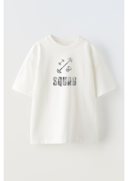 Unisex Beyaz Oversize Pamuk Gri Squat Baskılı Örme T-Shirt