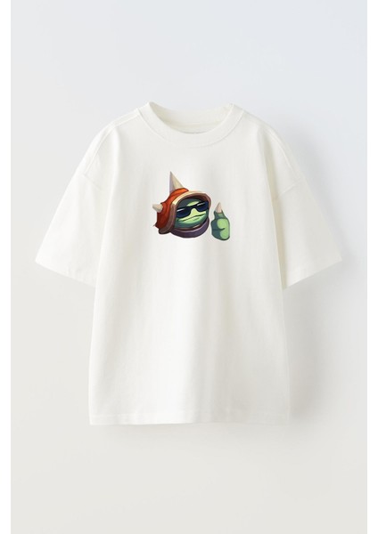 Unisex Beyaz Oversize Pamuk Rammus Lol Baskılı Örme T-Shirt