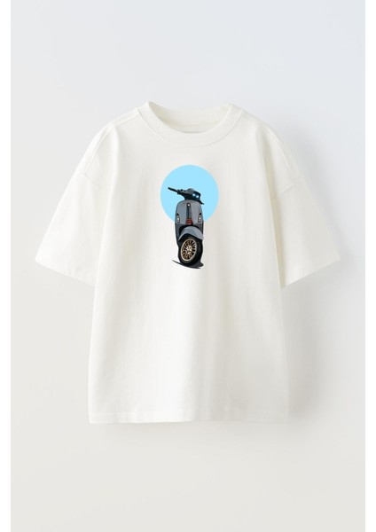 Unisex Beyaz Oversize Pamuk Gökyüzü Scooter Baskılı Örme T-Shirt