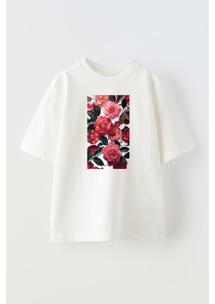 Unisex Beyaz Oversize Pamuk Pembe Kırmızı Çiçek Resim Baskılı Örme T-Shirt