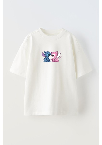 Unisex Beyaz Oversize Pamuk Renkli Fare Yavru Baskılı Örme T-Shirt