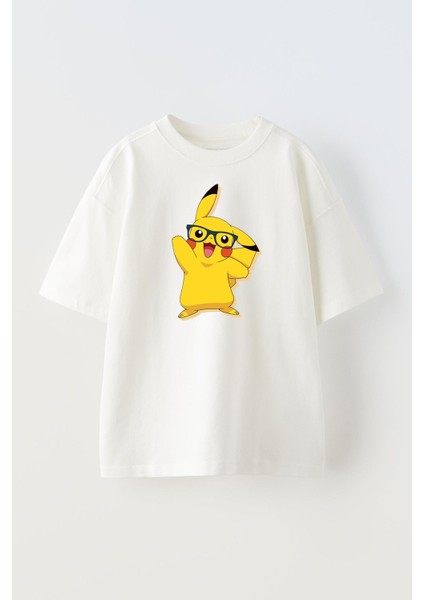 Unisex Beyaz Oversize Pamuk Gözlüklü Pikachu Baskılı Örme T-Shirt