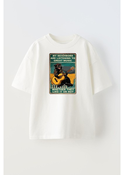 Unisex Beyaz Oversize Pamuk Siyah Gitar Çalan Kedi Baskılı Örme T-Shirt
