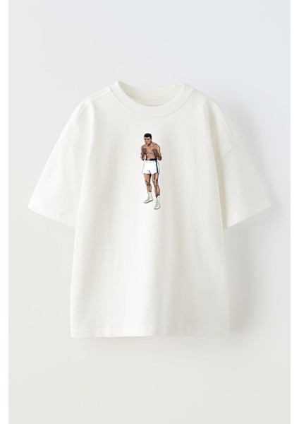 Unisex Beyaz Oversize Pamuk Ali Boksör Dünya Baskılı Örme T-Shirt