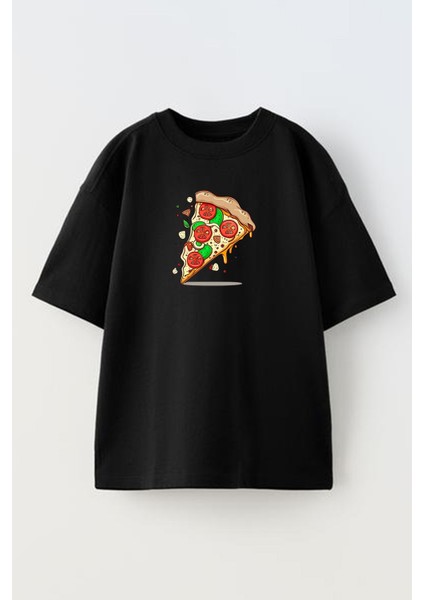 Unisex Siyah Oversize Pamuk Pizza Dilim Desen Baskılı Örme T-Shirt