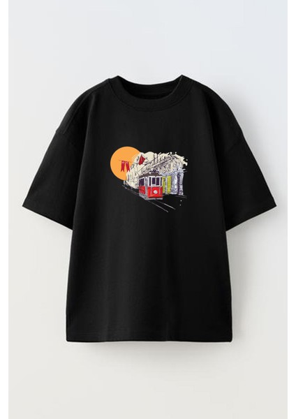 Unisex Siyah Oversize Pamuk Taksim Tramvay Istanbul Baskılı Örme T-Shirt