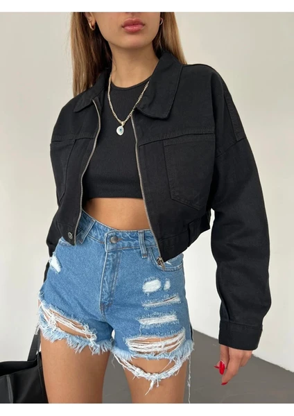 Fav Style Kadın Fermuar Kapamalı Çift Cepli Crop Kot Ceket