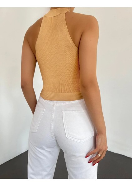 Fav Style Kadın Yarım Balıkçı Yaka Kolsuz Crop Triko Bluz