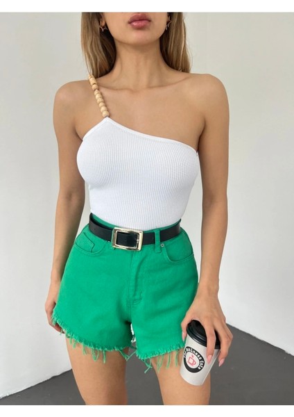 Fav Style Kadın Tek Omuz Boncuk Askılı Triko Crop Bluz