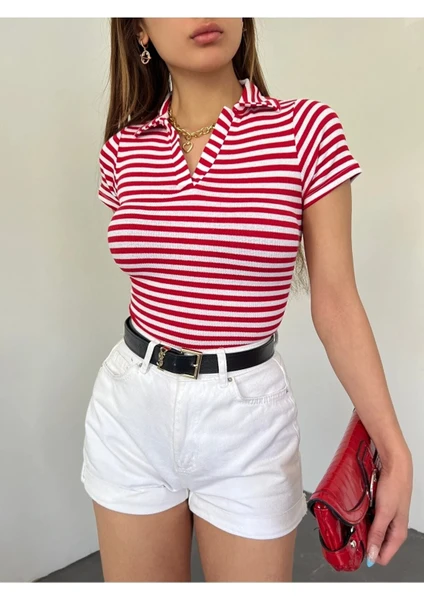 Fav Style Kadın Polo Yaka Kısa Kollu Çizgili Kaşkorse Crop Bluz