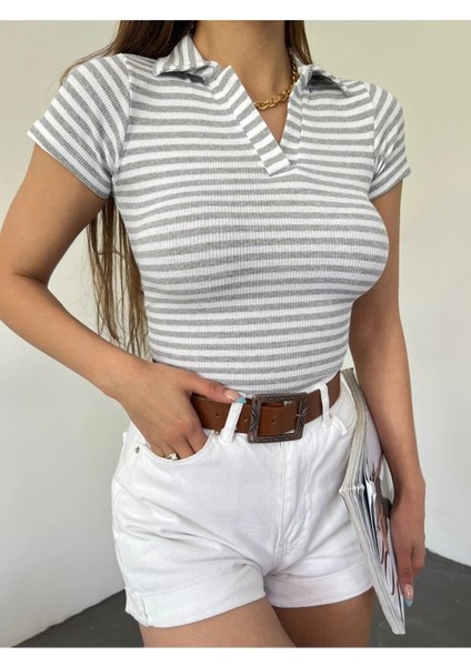 Fav Style Kadın Polo Yaka Kısa Kollu Çizgili Kaşkorse Crop Bluz